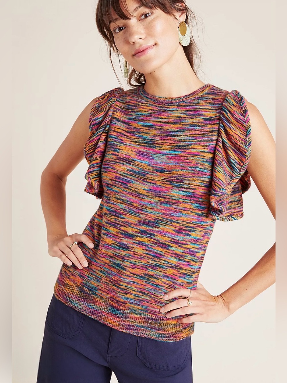 Vintage Anthropologie Multicolor Ruffle-Sleeve Knit Top